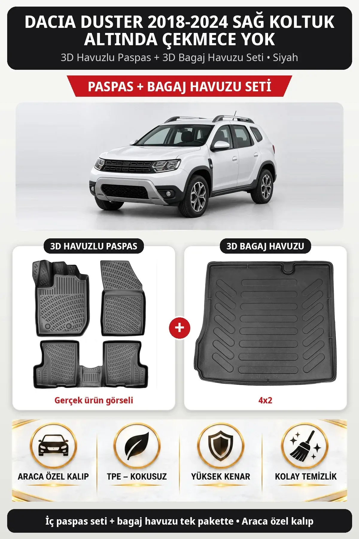 Dacia Duster 2018-2024 Sağ Koltuk Altında Çekmece Yok 3D Paspas + Bagaj Havuzu Seti (4x2) Siyah (1)