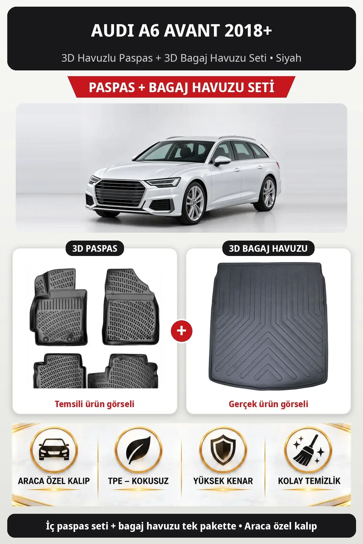 Audi A6 Avant 2018+ 3D Havuzlu Paspas + 3D Bagaj Havuzu Seti Siyah (1)