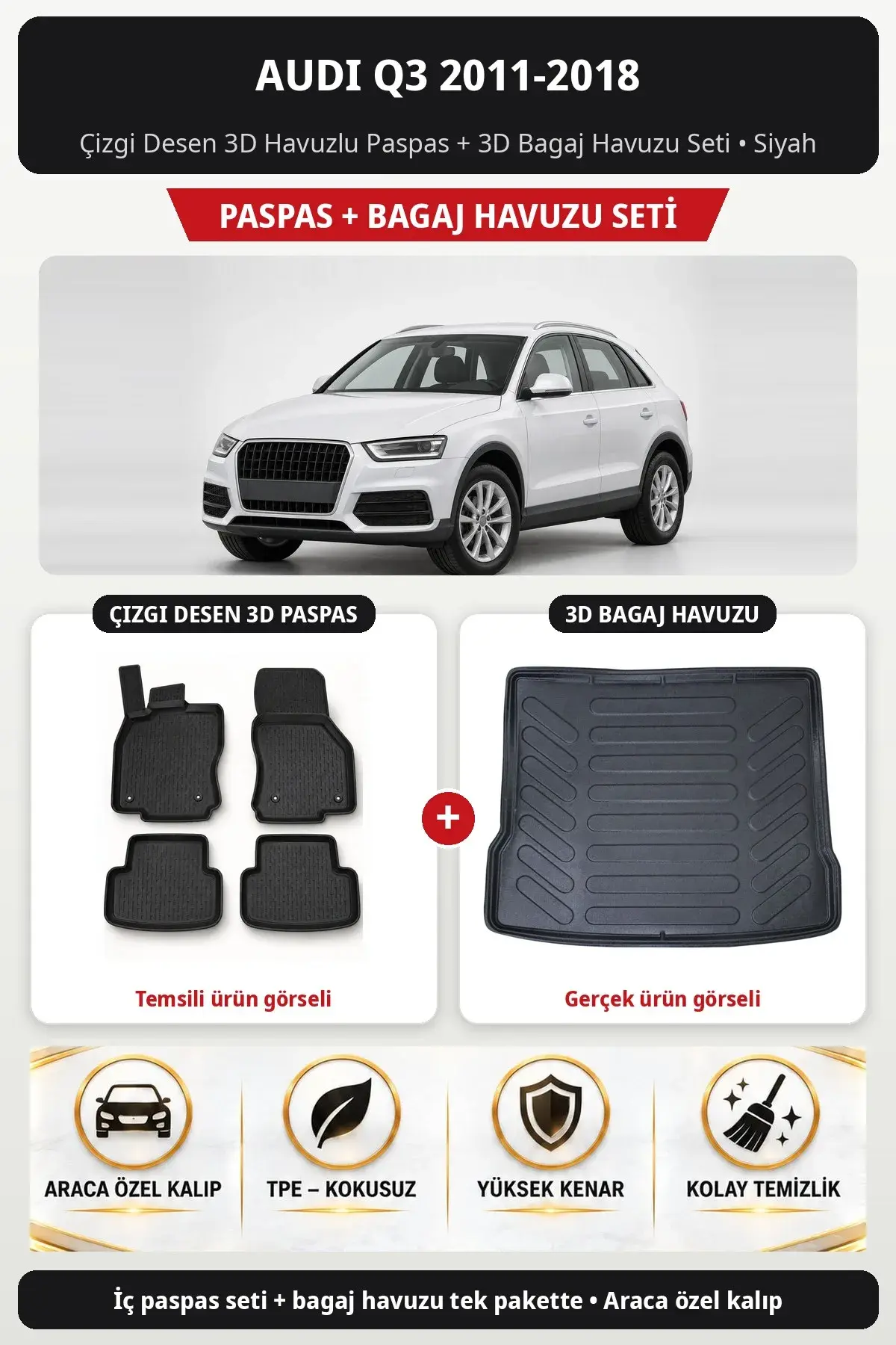 Audi Q3 2011-2018 Çizgi Desen 3D Havuzlu Paspas + 3D Bagaj Havuzu Seti Siyah (1)