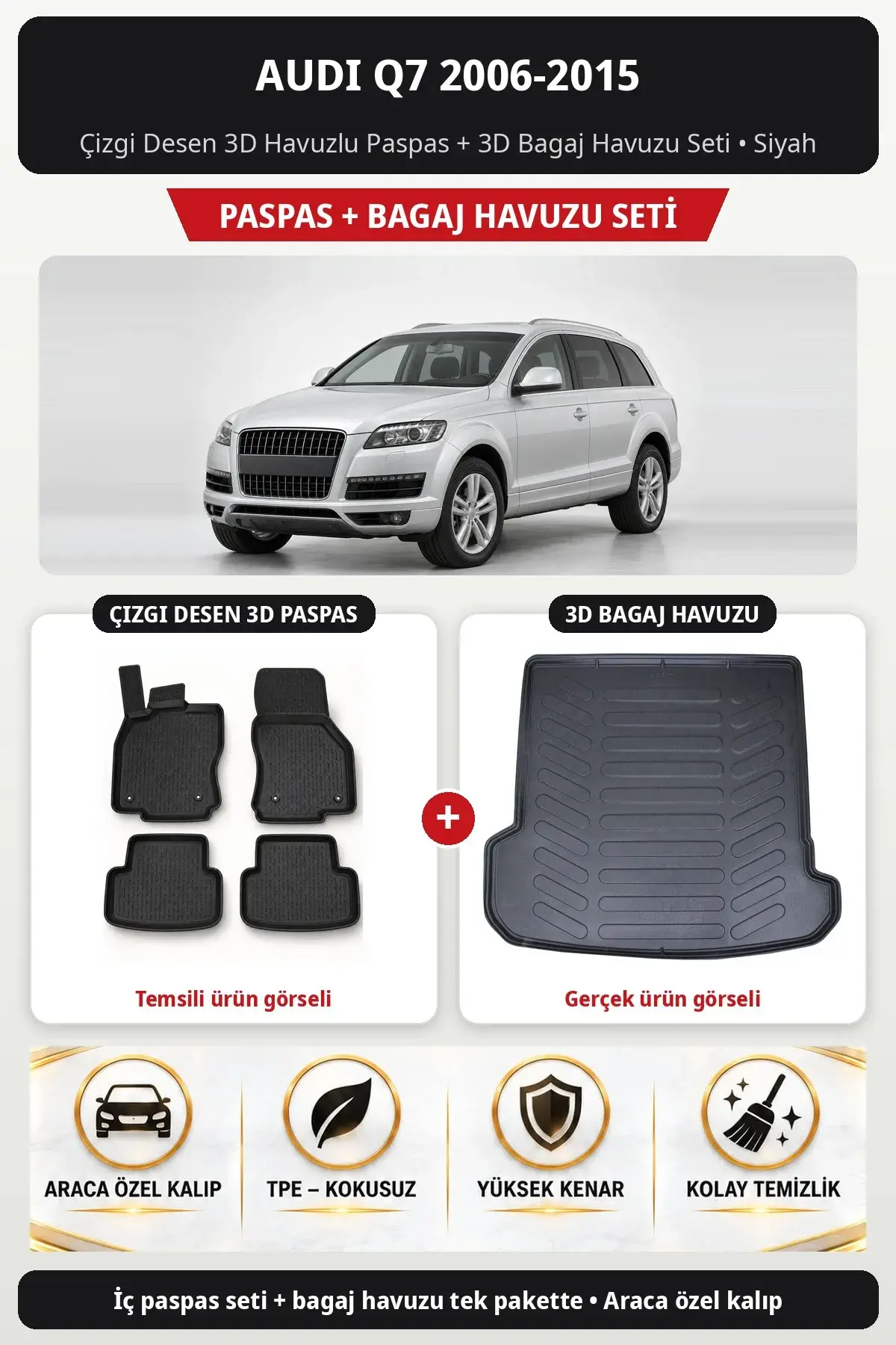 Audi Q7 2006-2015 Çizgi Desen 3D Havuzlu Paspas + 3D Bagaj Havuzu Seti Siyah (1)