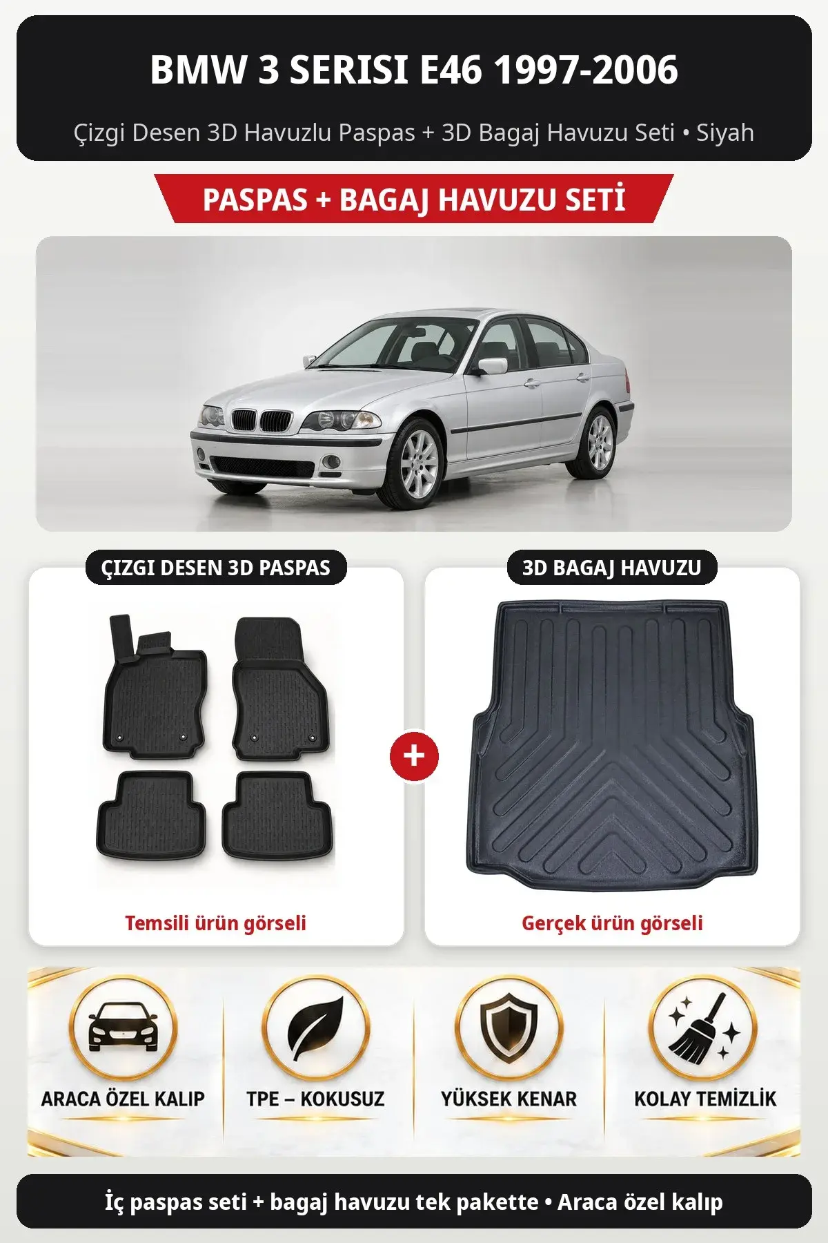 BMW 3 Serisi E46 1997-2006 Çizgi Desen 3D Havuzlu Paspas + 3D Bagaj Havuzu Seti Siyah (1)