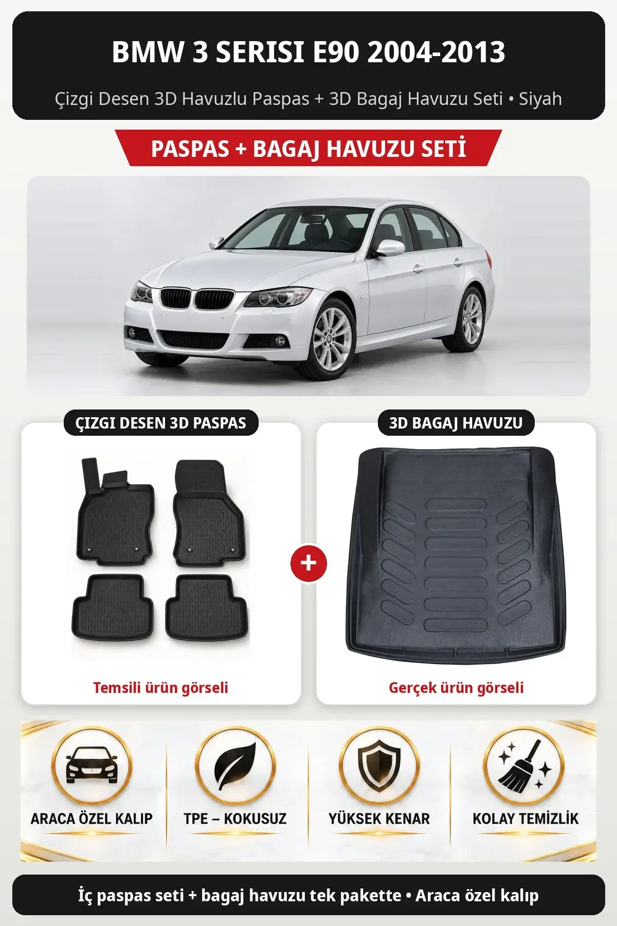 BMW 3 Serisi E90 2004-2013 Çizgi Desen 3D Havuzlu Paspas + 3D Bagaj Havuzu Seti Siyah (1)