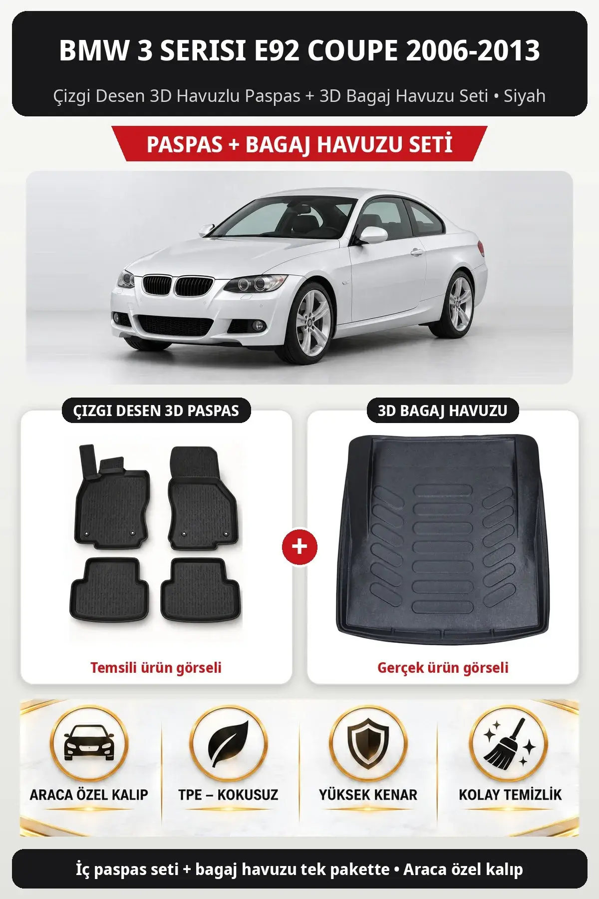 BMW 3 Serisi E92 Coupe 2006-2013 Çizgi Desen 3D Havuzlu Paspas + 3D Bagaj Havuzu Seti Siyah (1)
