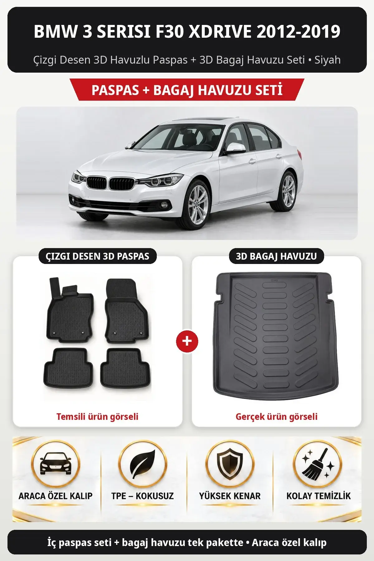 BMW 3 Serisi F30 xDrive 2012-2019 Çizgi Desen 3D Havuzlu Paspas + 3D Bagaj Havuzu Seti Siyah (1)