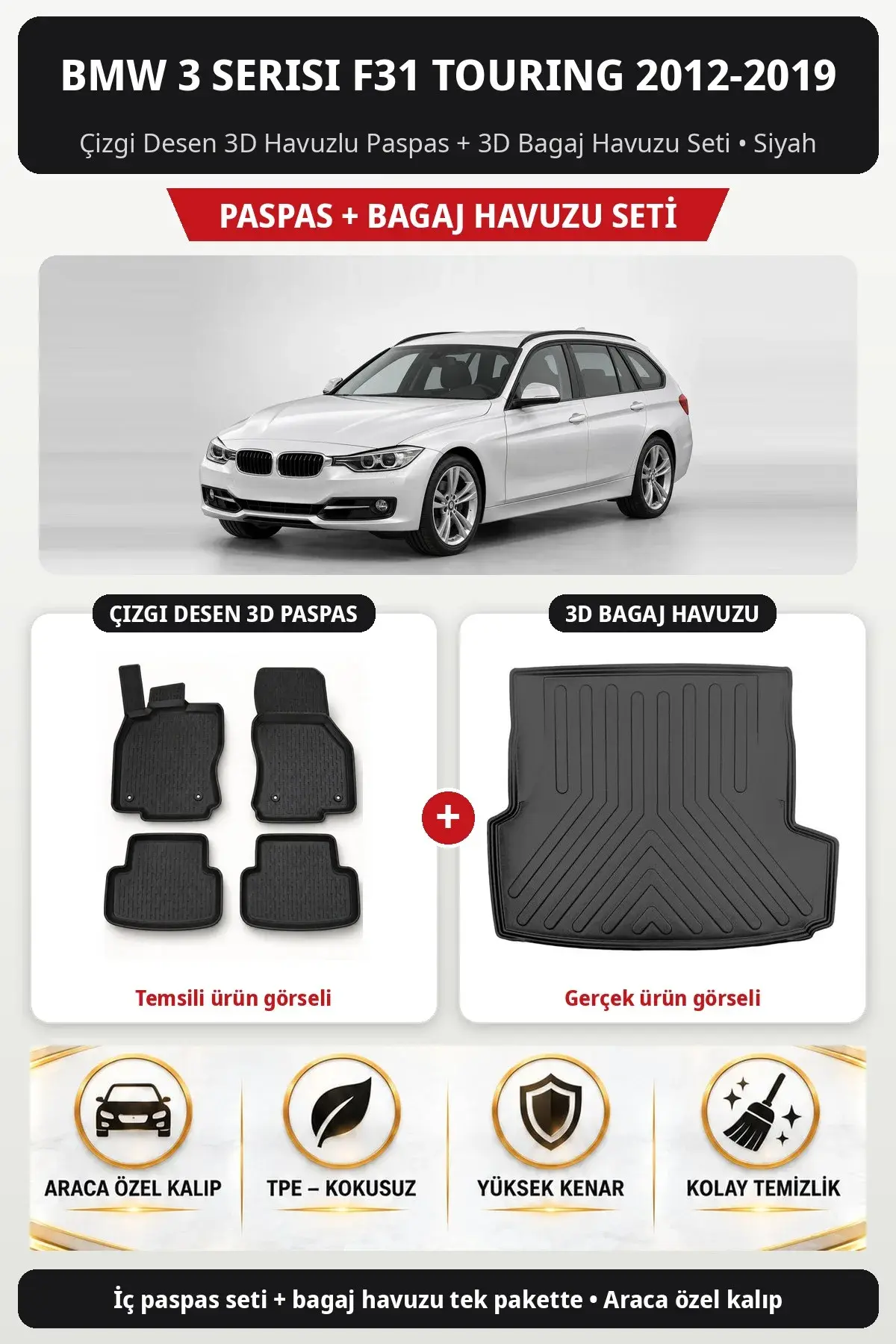BMW 3 Serisi F31 Touring 2012-2019 Çizgi Desen 3D Havuzlu Paspas + 3D Bagaj Havuzu Seti Siyah (1)
