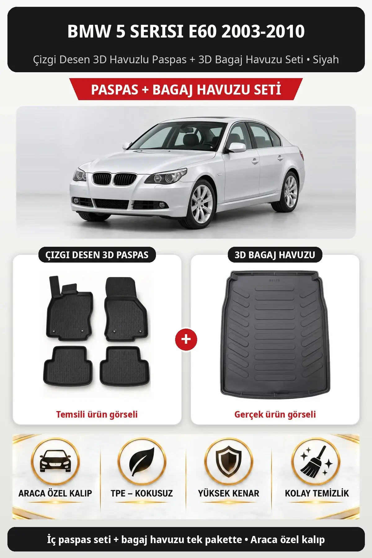 BMW 5 Serisi E60 2003-2010 Çizgi Desen 3D Havuzlu Paspas + 3D Bagaj Havuzu Seti Siyah (1)