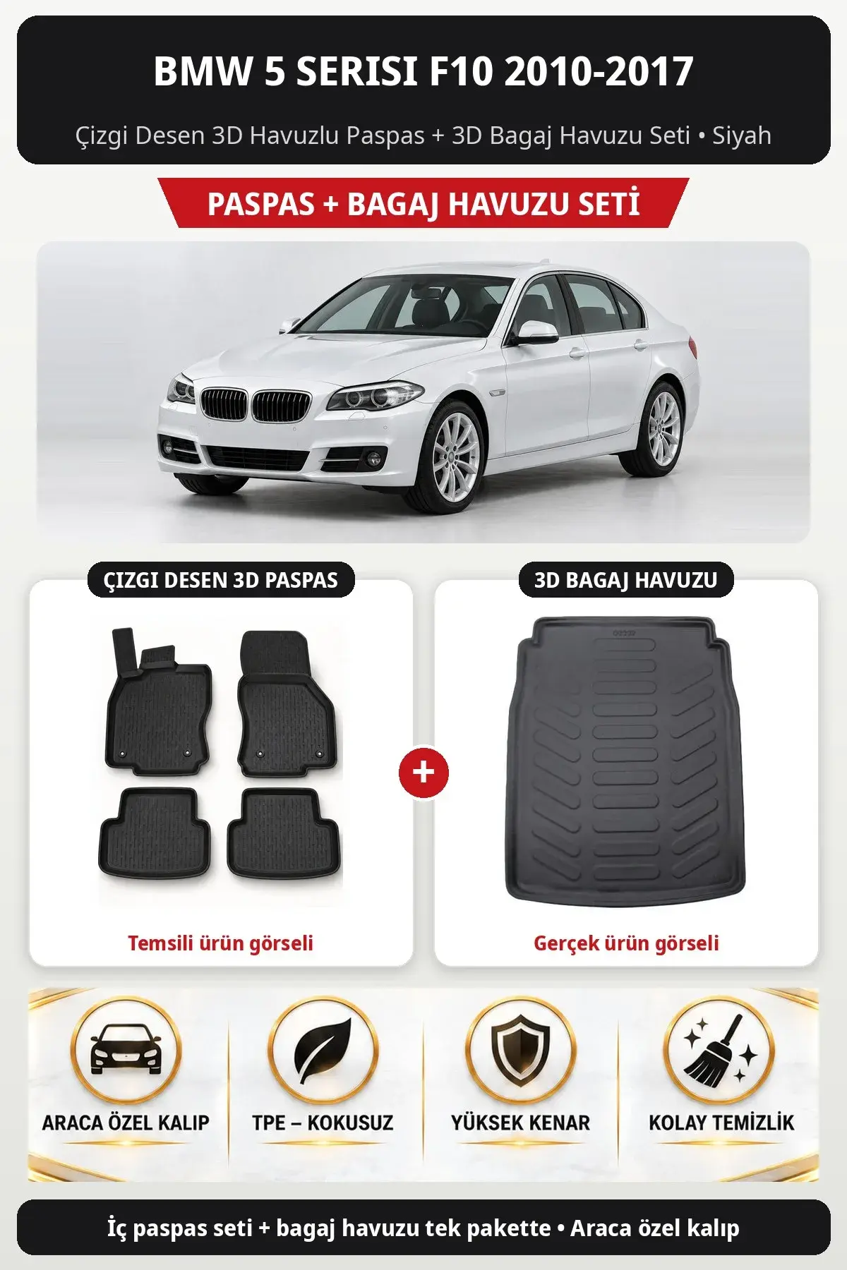 BMW 5 Serisi F10 2010-2017 Çizgi Desen 3D Havuzlu Paspas + 3D Bagaj Havuzu Seti Siyah (1)