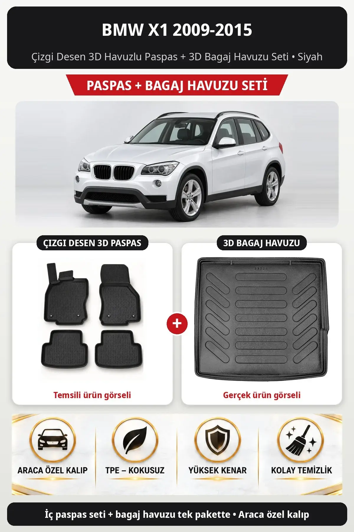 BMW X1 2009-2015 Çizgi Desen 3D Havuzlu Paspas + 3D Bagaj Havuzu Seti Siyah (1)