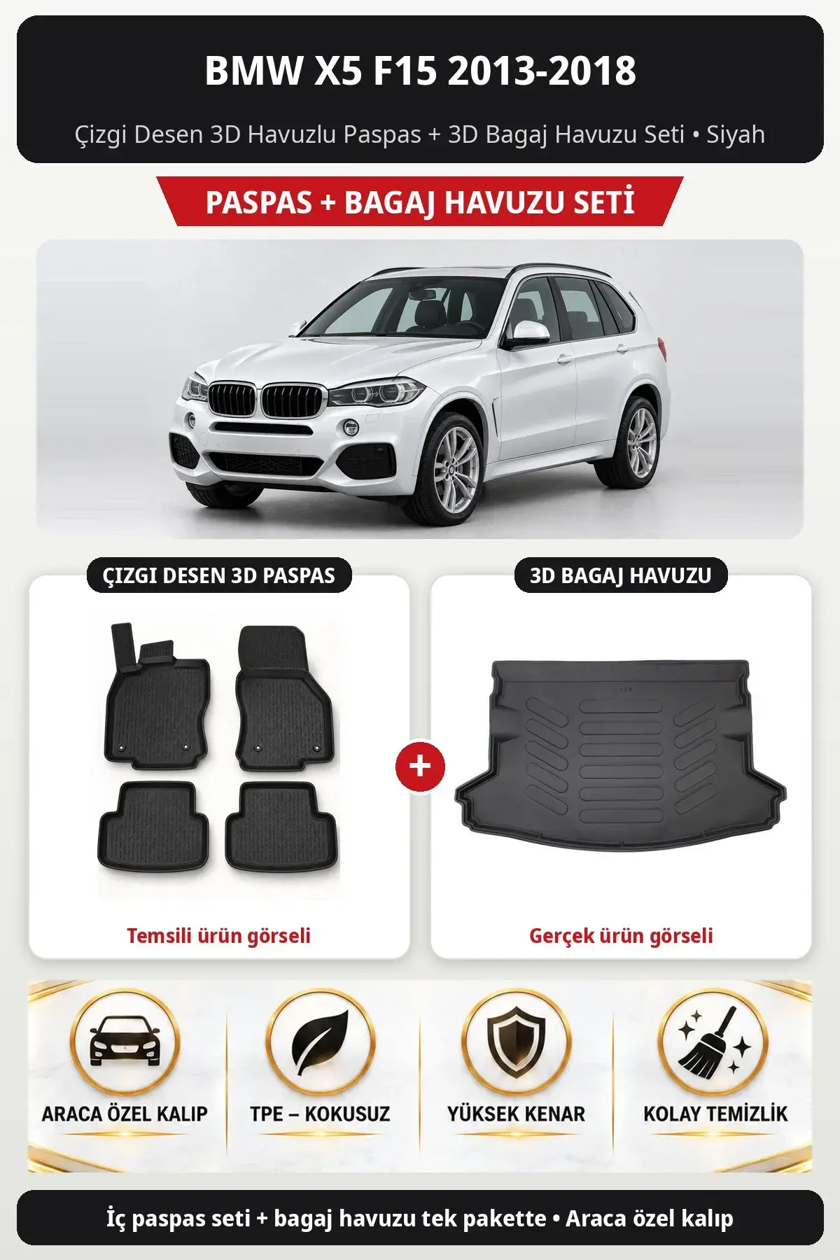 BMW X5 F15 2013-2018 Çizgi Desen 3D Havuzlu Paspas + 3D Bagaj Havuzu Seti Siyah (1)