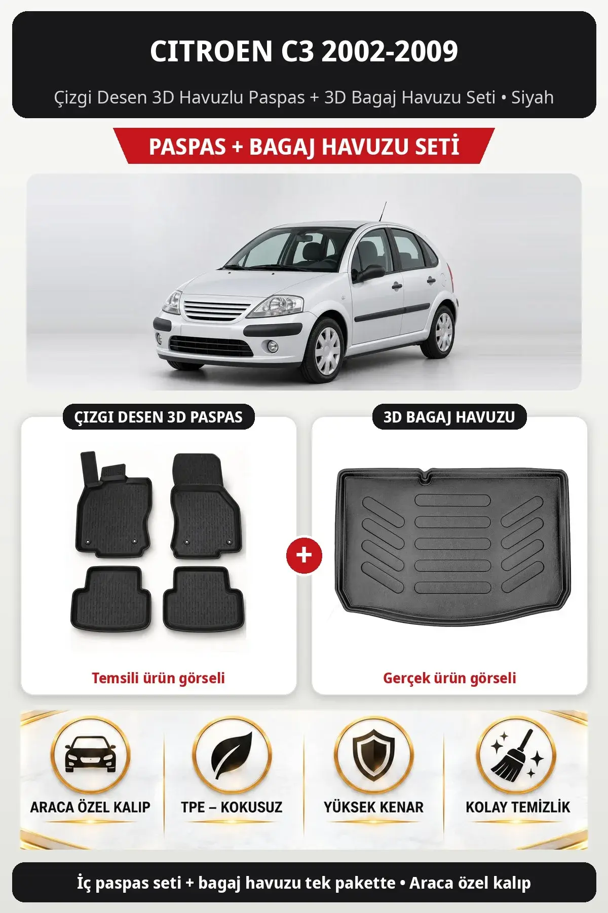 Citroen C3 2002-2009 Çizgi Desen 3D Havuzlu Paspas + 3D Bagaj Havuzu Seti Siyah (1)
