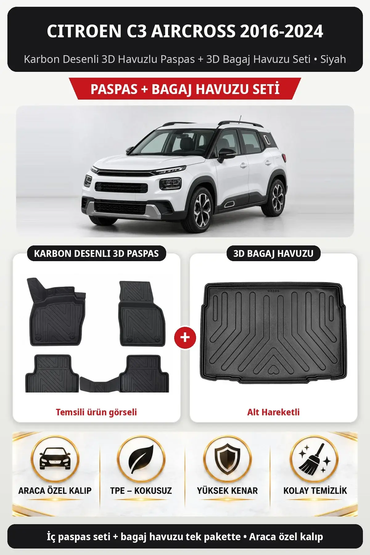 Citroen C3 Aircross 2016-2024 Karbon Desenli 3D Paspas + Bagaj Havuzu Seti (Alt Hareketli) Siyah (1)