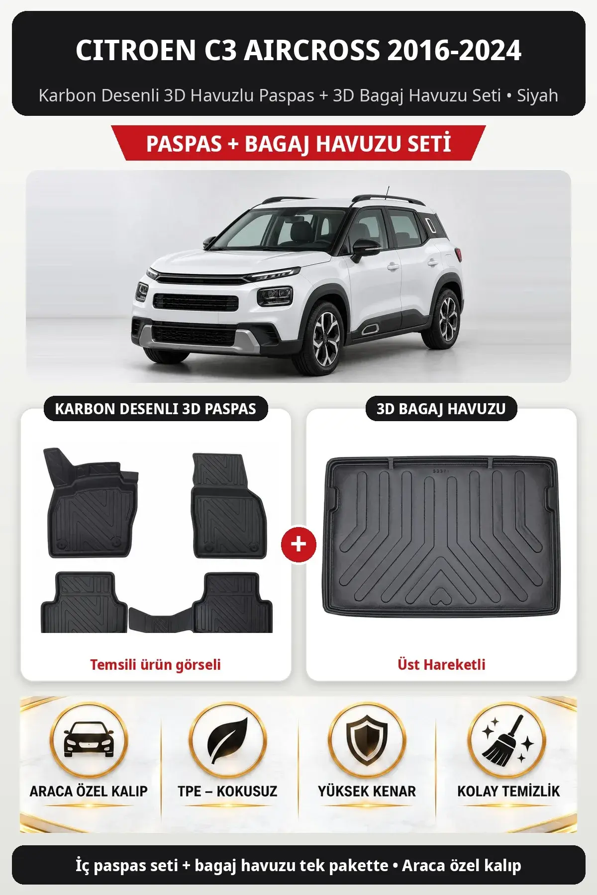 Citroen C3 Aircross 2016-2024 Karbon Desenli 3D Paspas + Bagaj Havuzu Seti (Üst Hareketli) Siyah (1)