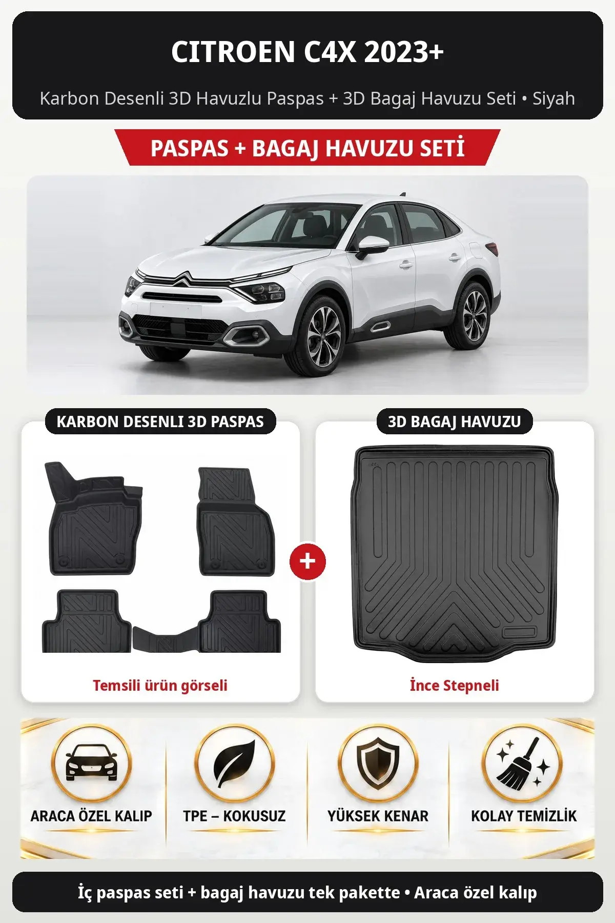 Citroen C4X 2023+ Karbon Desenli 3D Havuzlu Paspas + 3D Bagaj Havuzu Seti (İnce Stepneli) Siyah (1)