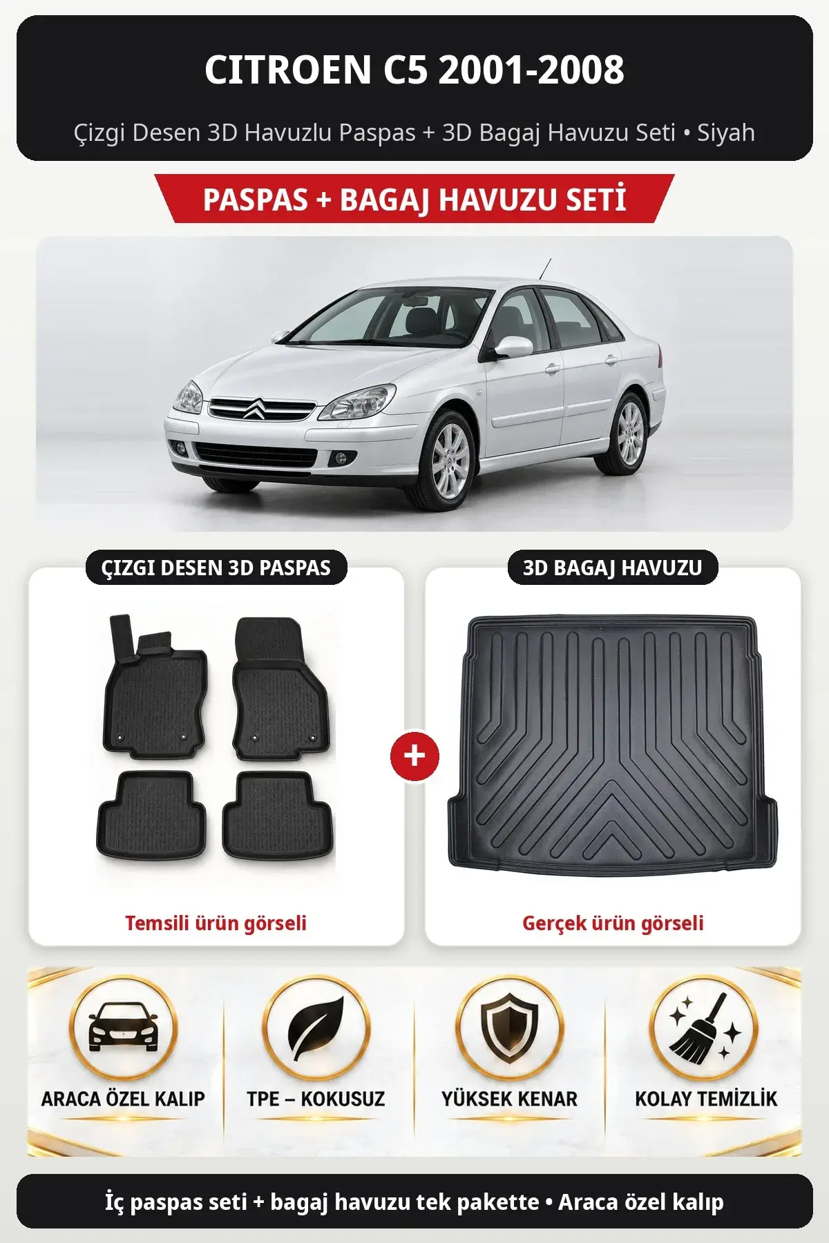Citroen C5 2001-2008 Çizgi Desen 3D Havuzlu Paspas + 3D Bagaj Havuzu Seti Siyah (1)