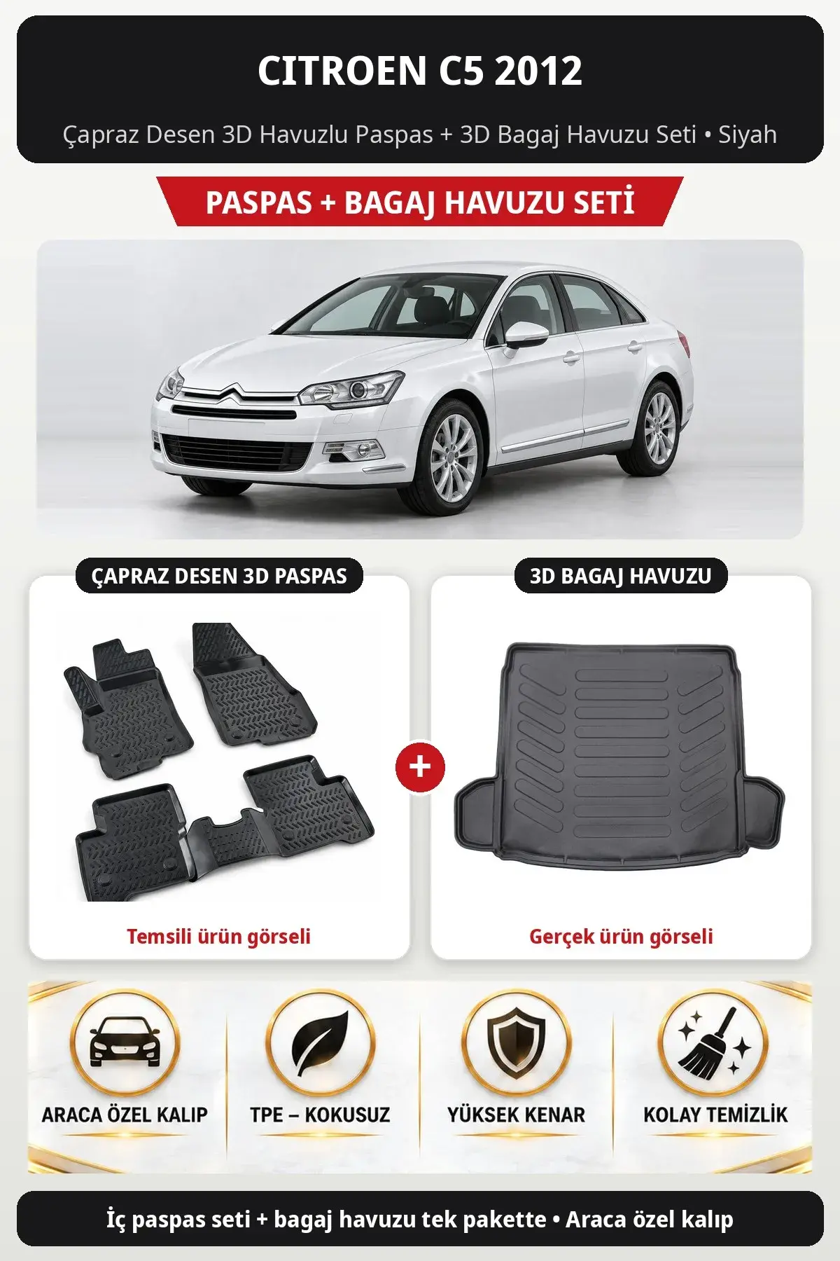 Citroen C5 2012 Çapraz Desen 3D Havuzlu Paspas + 3D Bagaj Havuzu Seti Siyah (1)