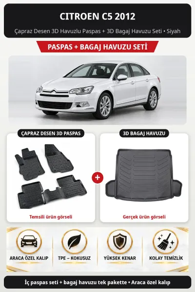 Citroen C5 2012 Çapraz Desen 3D Havuzlu Paspas + 3D Bagaj Havuzu Seti Siyah
