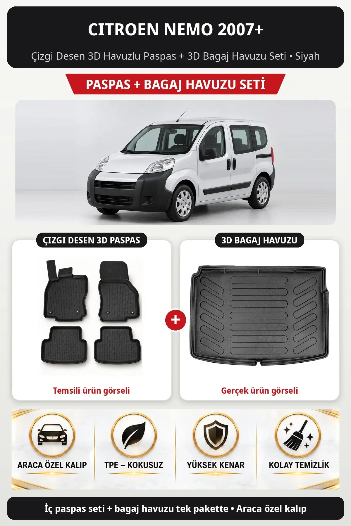 Citroen Nemo 2007+ Çizgi Desen 3D Havuzlu Paspas + 3D Bagaj Havuzu Seti Siyah (1)