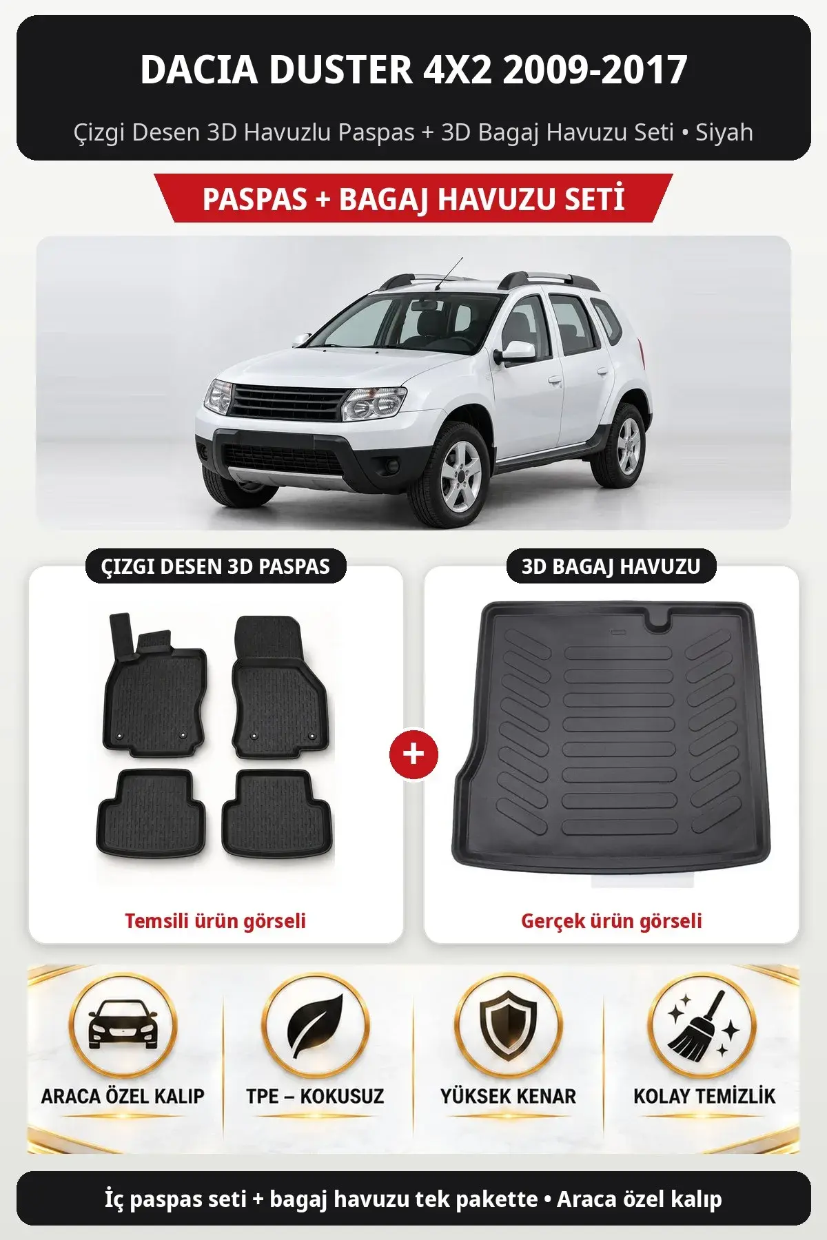 Dacia Duster 4X2 2009-2017 Çizgi Desen 3D Havuzlu Paspas + 3D Bagaj Havuzu Seti Siyah (1)
