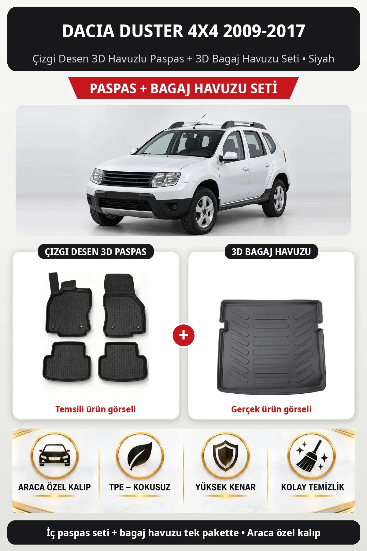 Dacia Duster 4X4 2009-2017 Çizgi Desen 3D Havuzlu Paspas + 3D Bagaj Havuzu Seti Siyah (1)