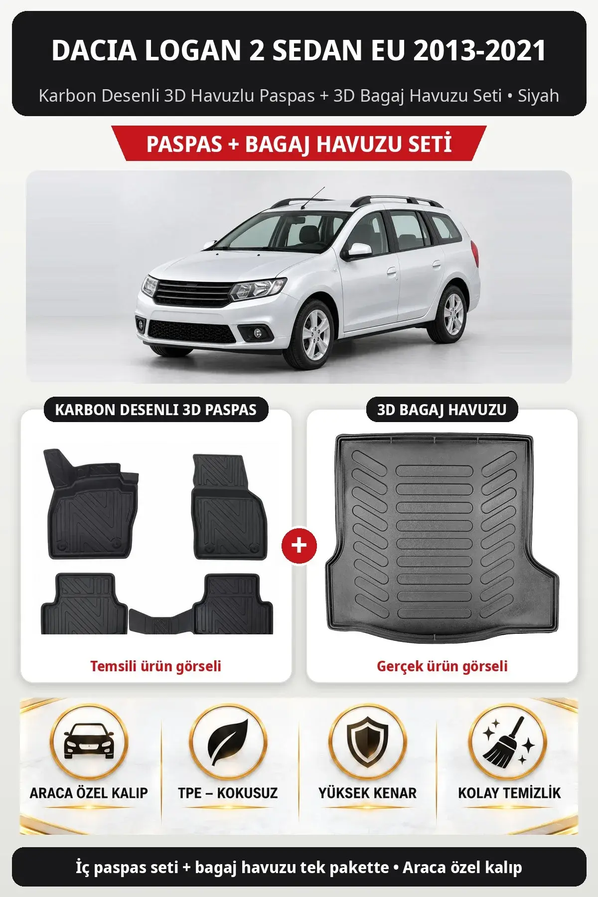 Dacia Logan 2 Sedan EU 2013-2021 Karbon Desenli 3D Havuzlu Paspas + 3D Bagaj Havuzu Seti Siyah (1)