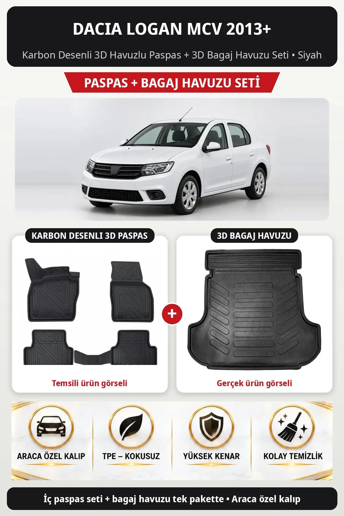 Dacia Logan MCV 2013+ Karbon Desenli 3D Havuzlu Paspas + 3D Bagaj Havuzu Seti Siyah (1)