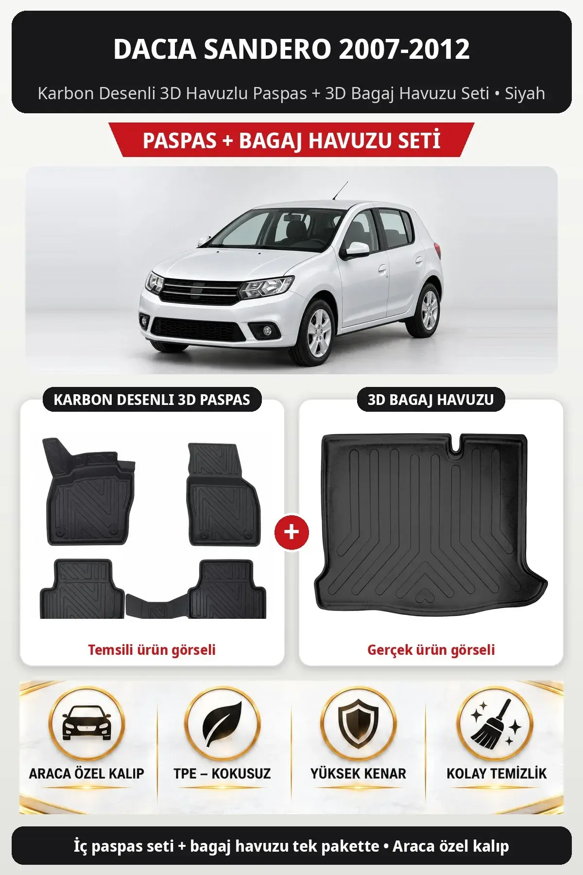 Dacia Sandero 2007-2012 Karbon Desenli 3D Havuzlu Paspas + 3D Bagaj Havuzu Seti Siyah (1)