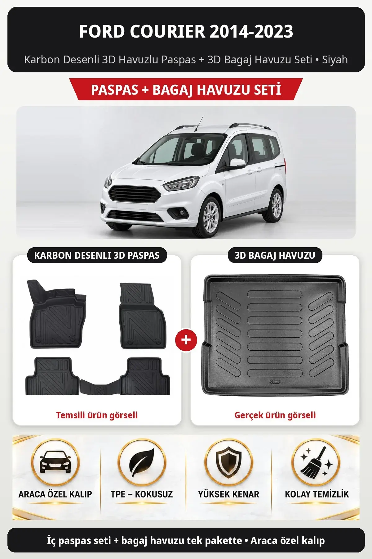 Ford Courier 2014-2023 Karbon Desenli 3D Havuzlu Paspas + 3D Bagaj Havuzu Seti Siyah (1)
