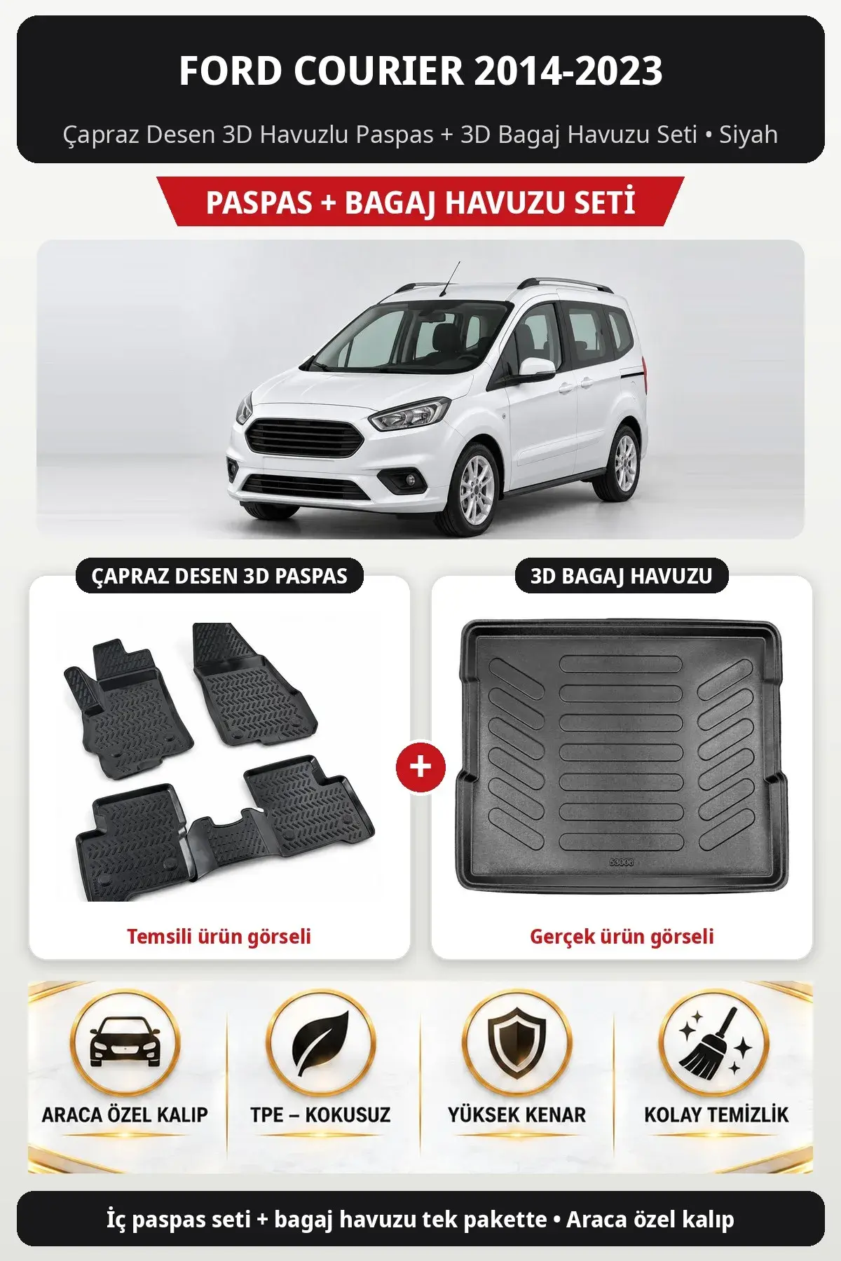 Ford Courier 2014-2023 Çapraz Desen 3D Havuzlu Paspas + 3D Bagaj Havuzu Seti Siyah (1)