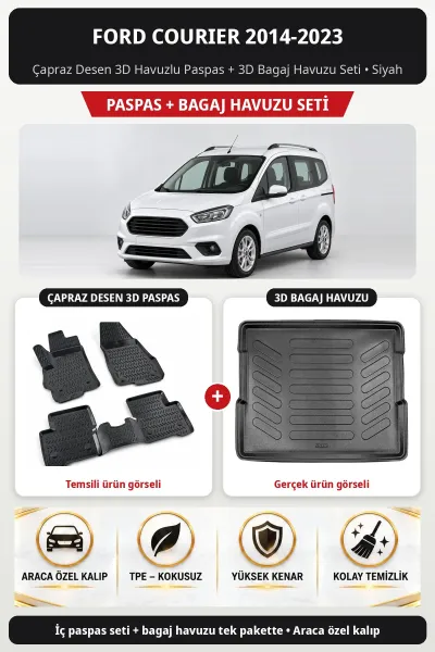 Ford Courier 2014-2023 Çapraz Desen 3D Havuzlu Paspas + 3D Bagaj Havuzu Seti Siyah