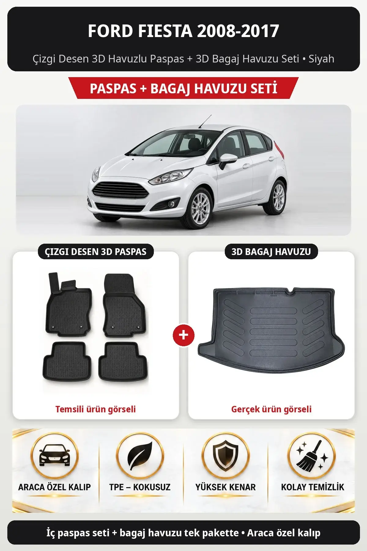 Ford Fiesta 2008-2017 Çizgi Desen 3D Havuzlu Paspas + 3D Bagaj Havuzu Seti Siyah (1)