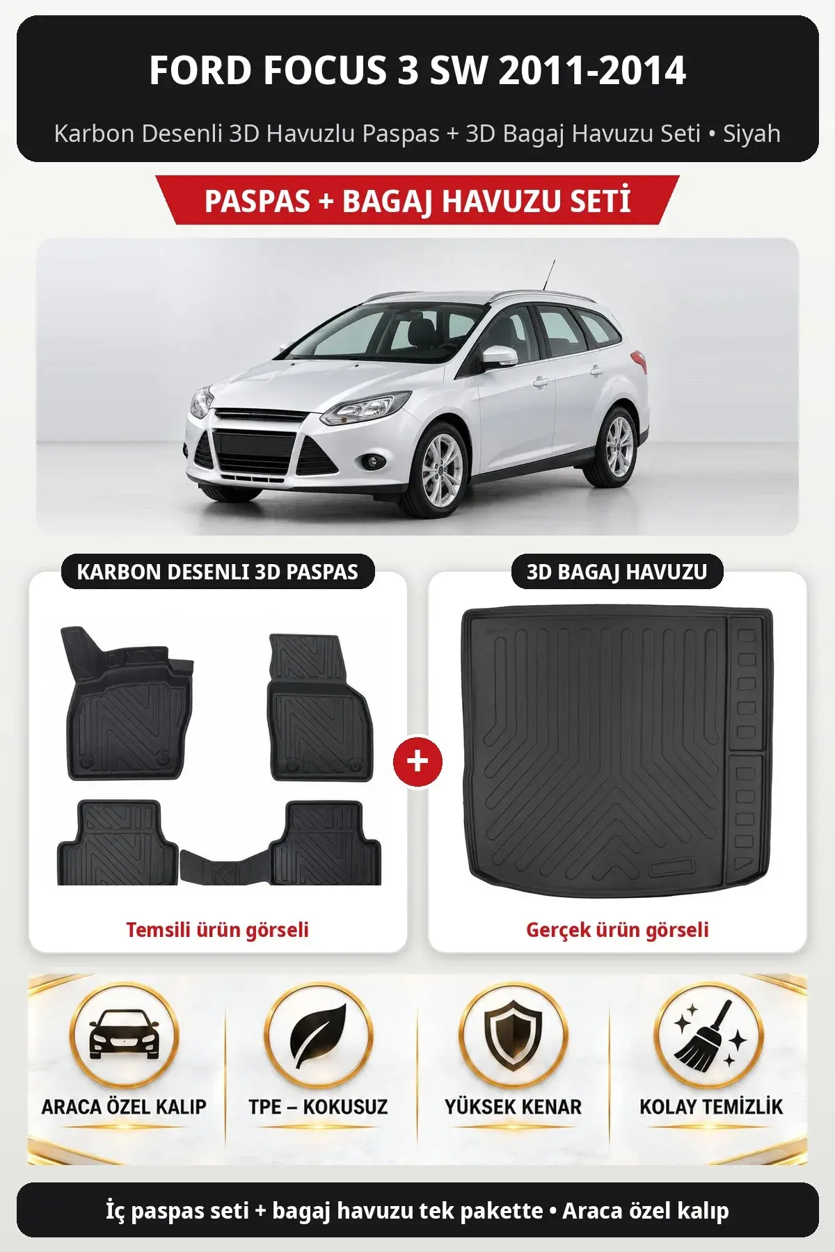 Ford Focus 3 SW 2011-2014 Karbon Desenli 3D Havuzlu Paspas + 3D Bagaj Havuzu Seti Siyah (1)