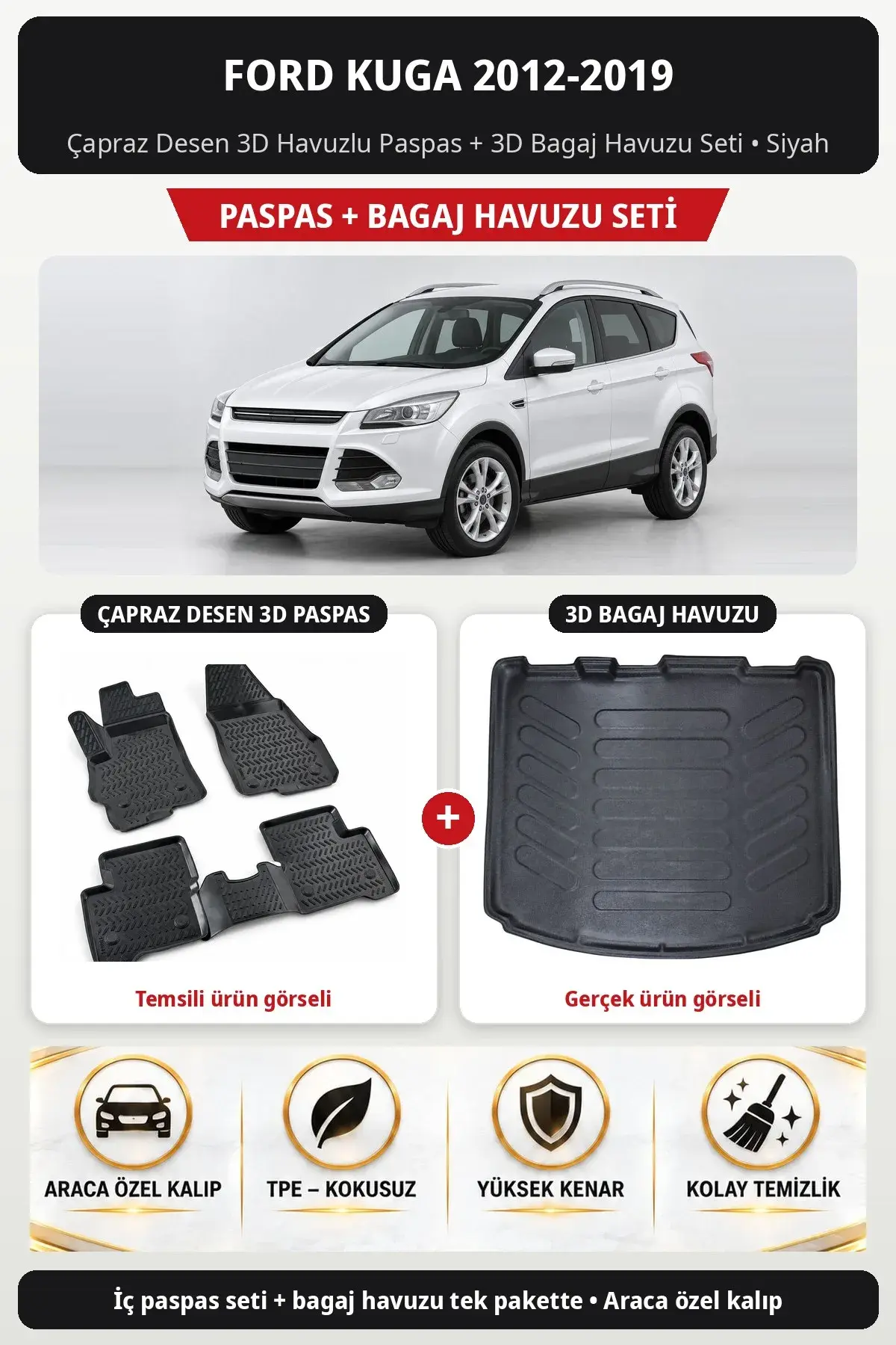 Ford Kuga 2012-2019 Çapraz Desen 3D Havuzlu Paspas + 3D Bagaj Havuzu Seti Siyah (1)