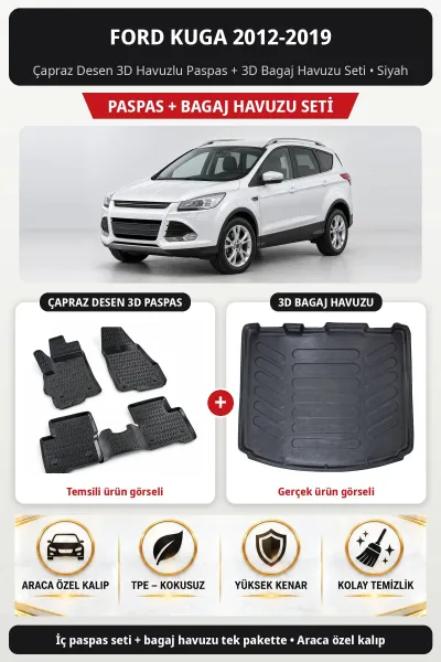 Ford Kuga 2012-2019 Çapraz Desen 3D Havuzlu Paspas + 3D Bagaj Havuzu Seti Siyah