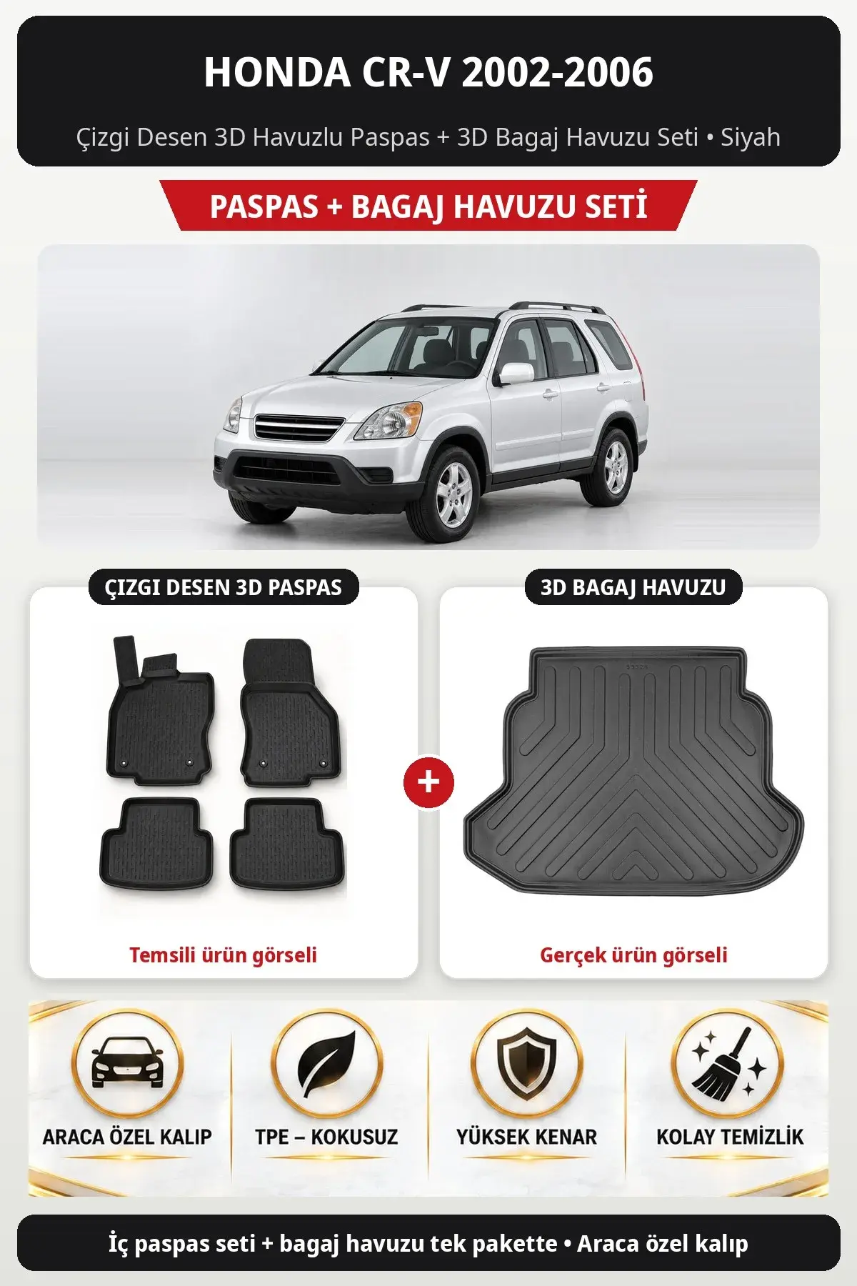 Honda CR-V 2002-2006 Çizgi Desen 3D Havuzlu Paspas + 3D Bagaj Havuzu Seti Siyah (1)