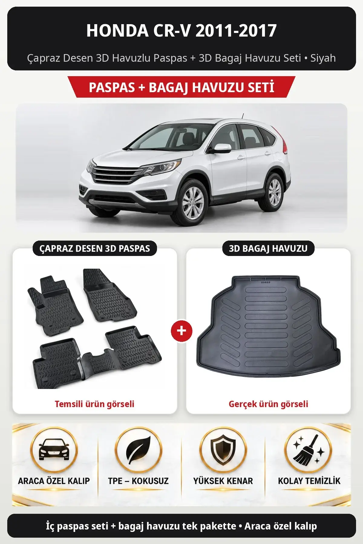 Honda CR-V 2011-2017 Çapraz Desen 3D Havuzlu Paspas + 3D Bagaj Havuzu Seti Siyah (1)