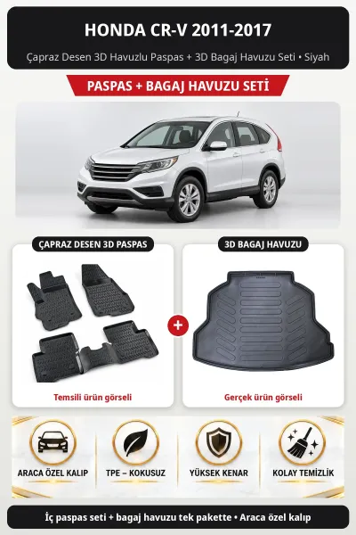Honda CR-V 2011-2017 Çapraz Desen 3D Havuzlu Paspas + 3D Bagaj Havuzu Seti Siyah
