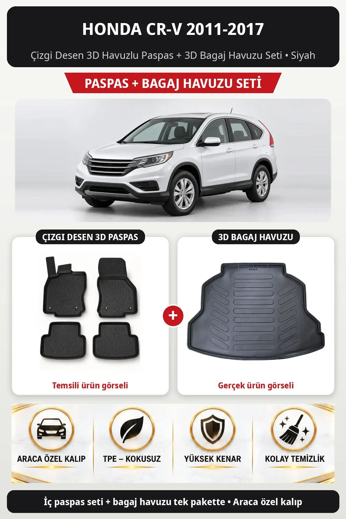 Honda CR-V 2011-2017 Çizgi Desen 3D Havuzlu Paspas + 3D Bagaj Havuzu Seti Siyah (1)