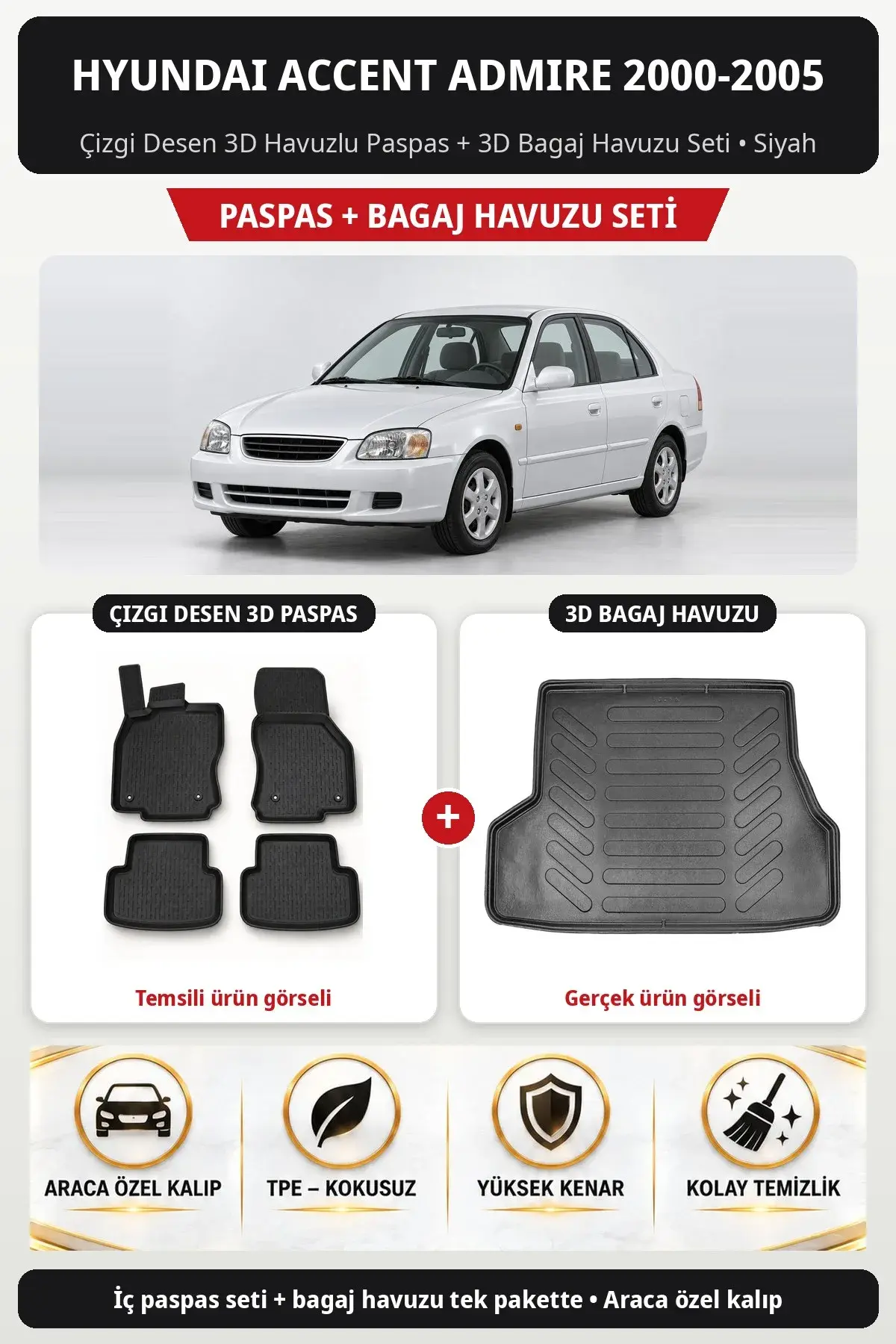 Hyundai Accent Admire 2000-2005 Çizgi Desen 3D Havuzlu Paspas + 3D Bagaj Havuzu Seti Siyah (1)