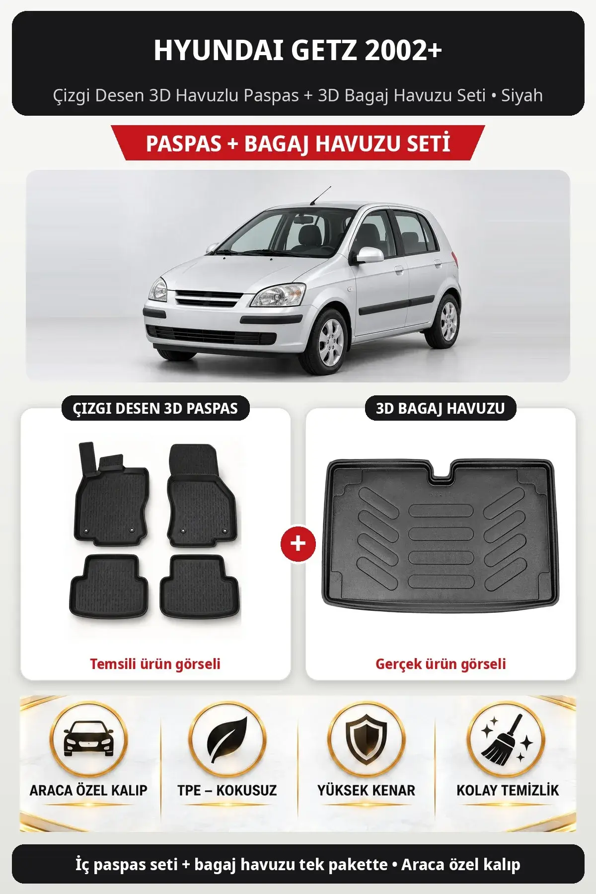Hyundai Getz 2002+ Çizgi Desen 3D Havuzlu Paspas + 3D Bagaj Havuzu Seti Siyah (1)