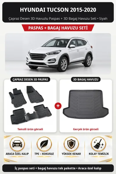 Hyundai Tucson 2015-2020 Çapraz Desen 3D Havuzlu Paspas + 3D Bagaj Havuzu Seti Siyah