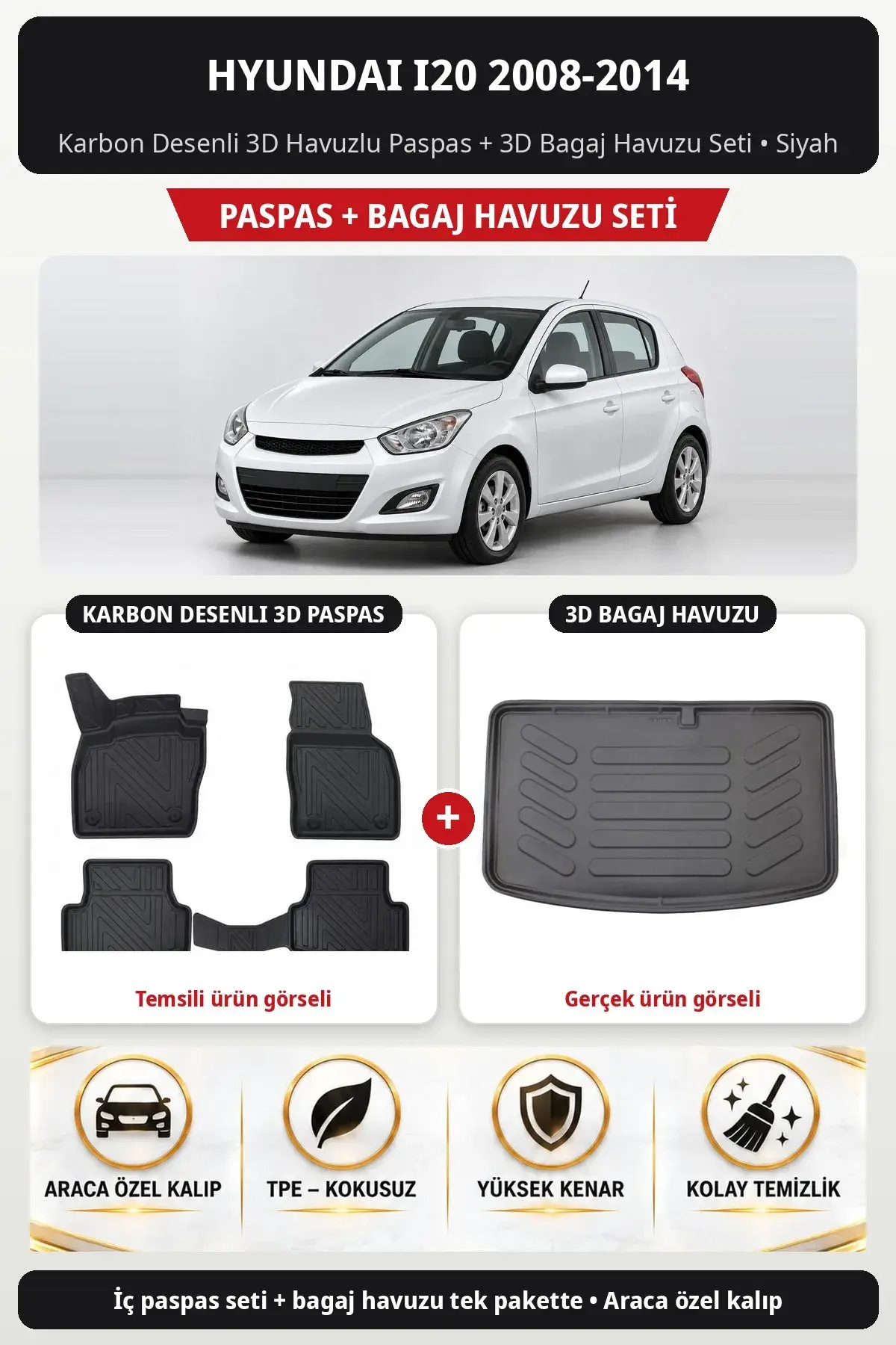 Hyundai i20 2008-2014 Karbon Desenli 3D Havuzlu Paspas + 3D Bagaj Havuzu Seti Siyah (1)