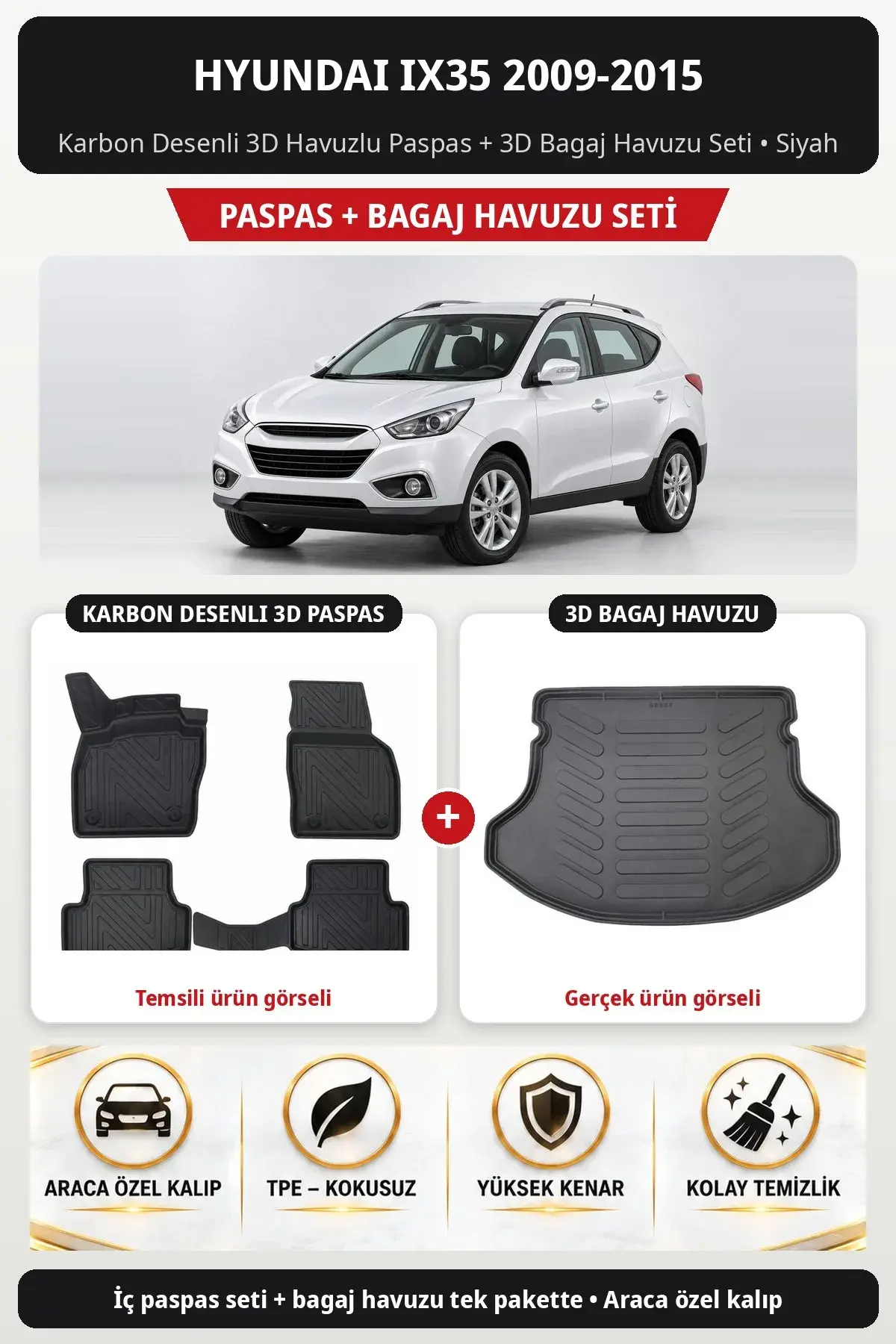 Hyundai ix35 2009-2015 Karbon Desenli 3D Havuzlu Paspas + 3D Bagaj Havuzu Seti Siyah (1)