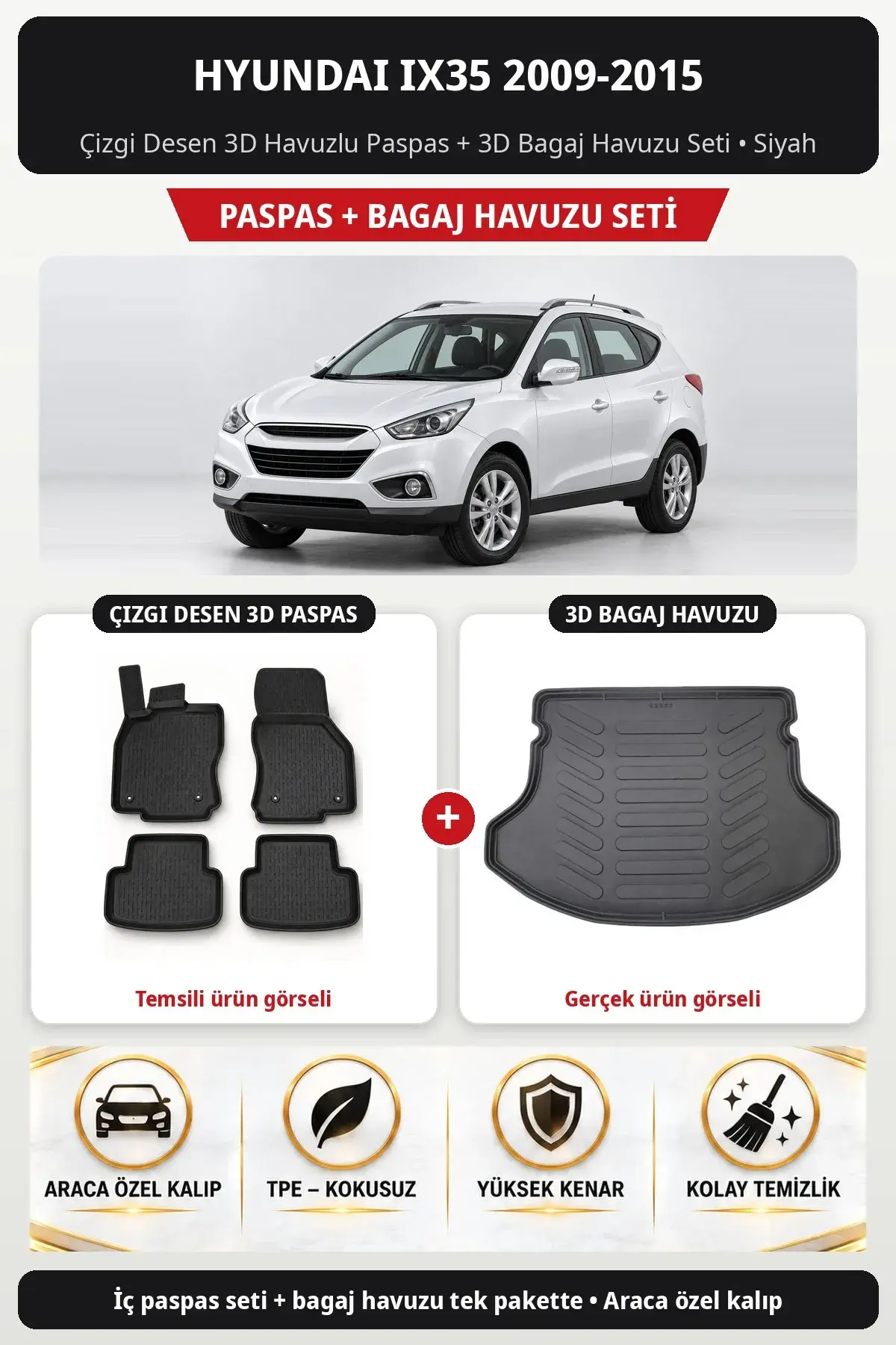 Hyundai ix35 2009-2015 Çizgi Desen 3D Havuzlu Paspas + 3D Bagaj Havuzu Seti Siyah (1)