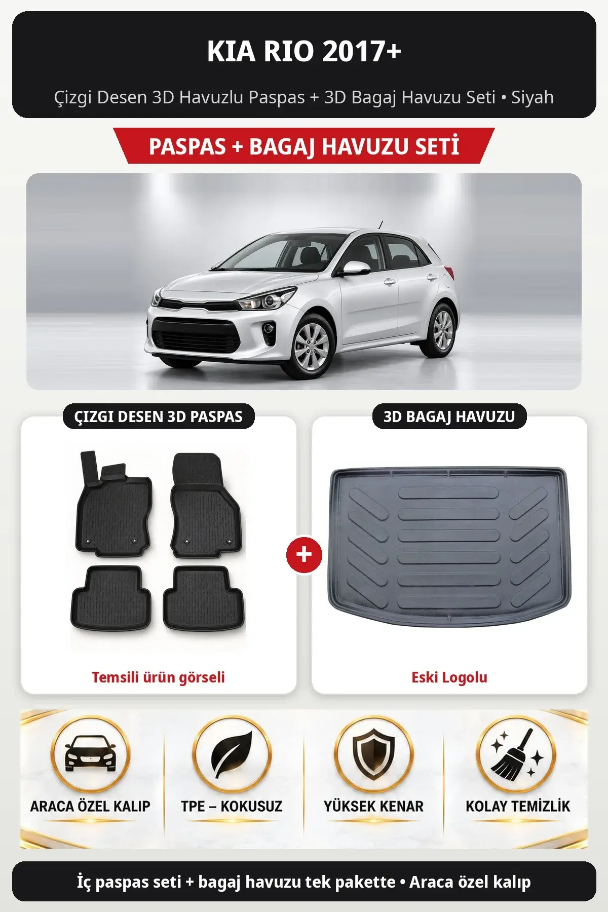 Kia Rio 2017+ Çizgi Desen 3D Havuzlu Paspas + 3D Bagaj Havuzu Seti (Eski Logolu) Siyah (1)