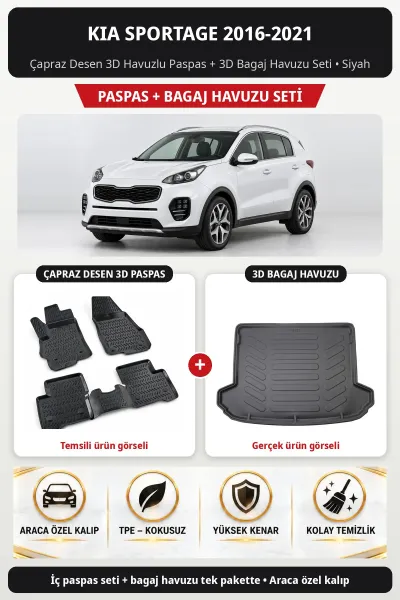 Kia Sportage 2016-2021 Çapraz Desen 3D Havuzlu Paspas + 3D Bagaj Havuzu Seti Siyah