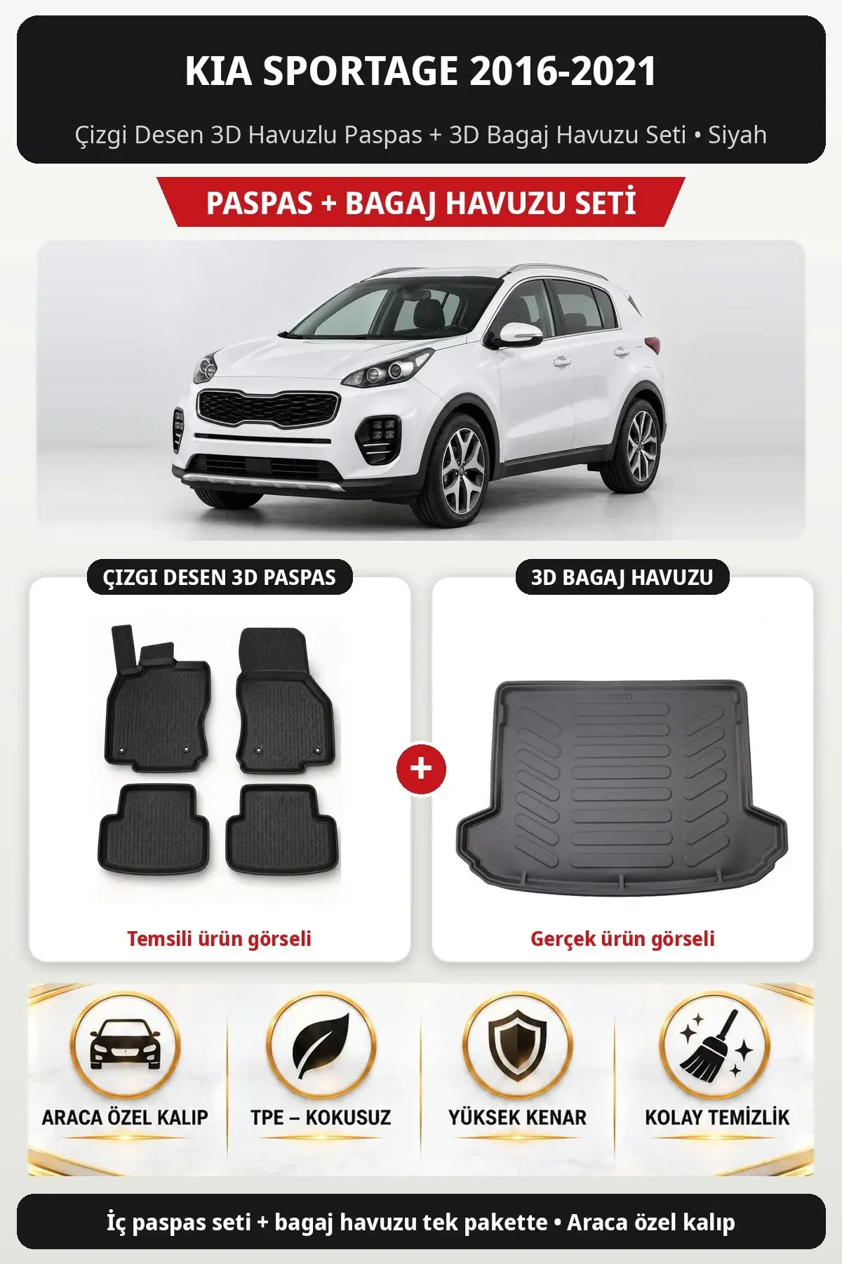 Kia Sportage 2016-2021 Çizgi Desen 3D Havuzlu Paspas + 3D Bagaj Havuzu Seti Siyah (1)
