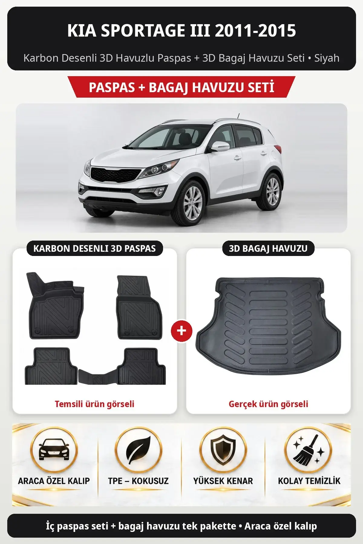 Kia Sportage III 2011-2015 Karbon Desenli 3D Havuzlu Paspas + 3D Bagaj Havuzu Seti Siyah (1)