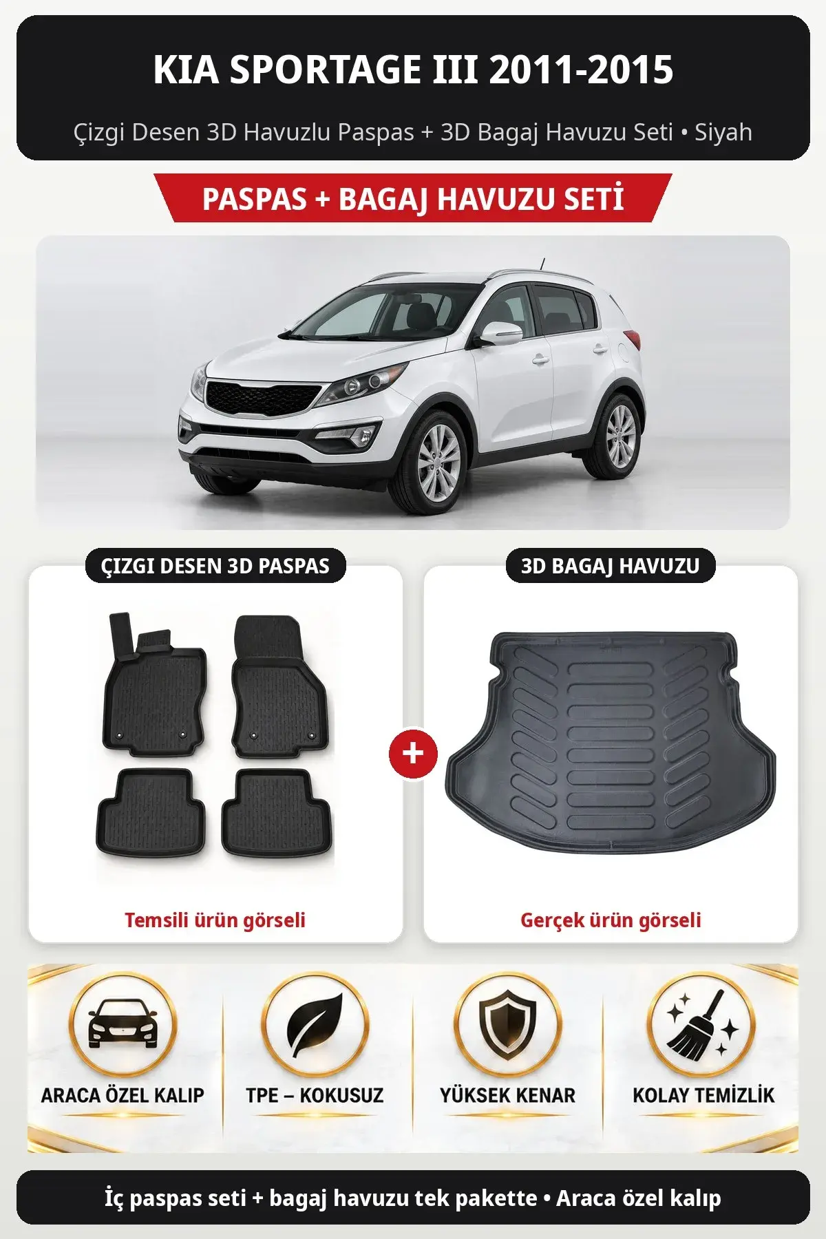 Kia Sportage III 2011-2015 Çizgi Desen 3D Havuzlu Paspas + 3D Bagaj Havuzu Seti Siyah (1)