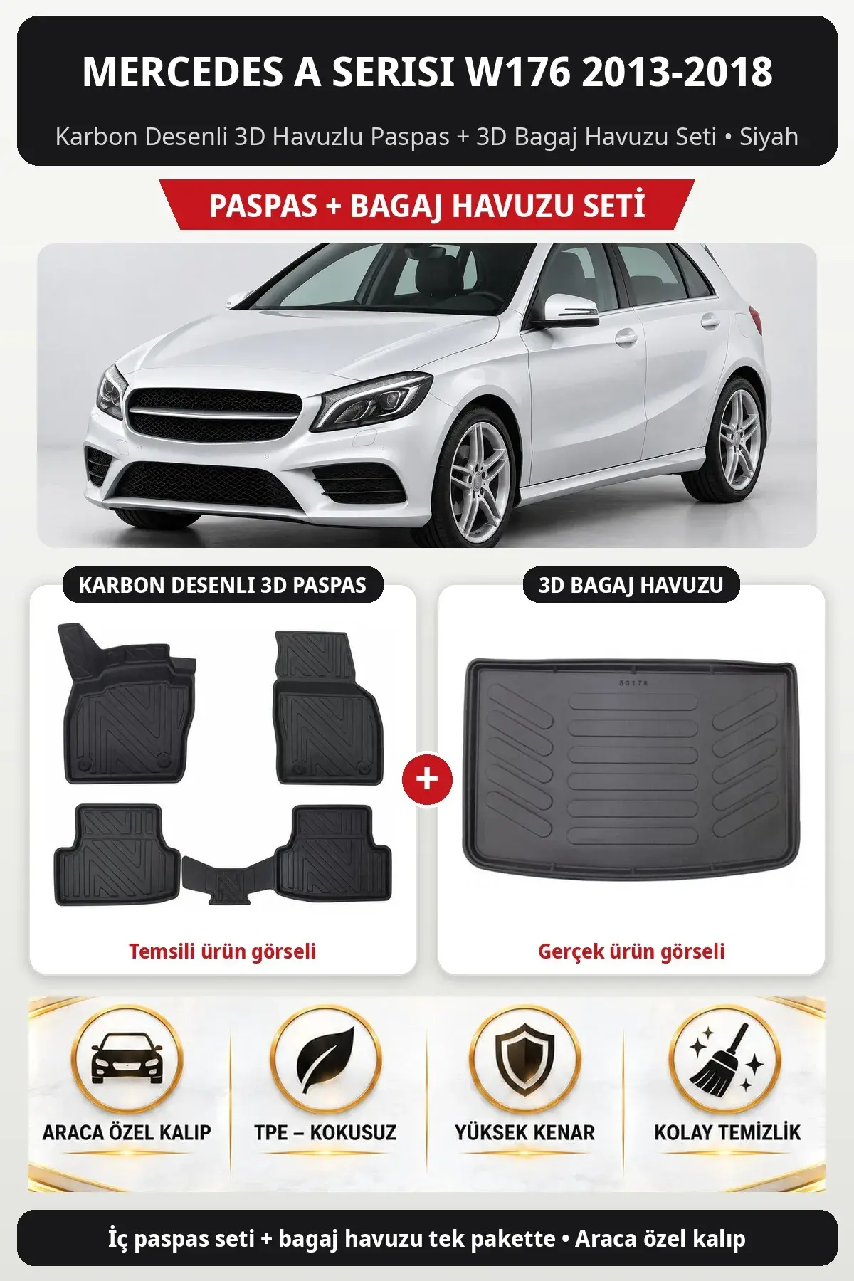 Mercedes A Serisi W176 2013-2018 Karbon Desenli 3D Havuzlu Paspas + 3D Bagaj Havuzu Seti Siyah (1)