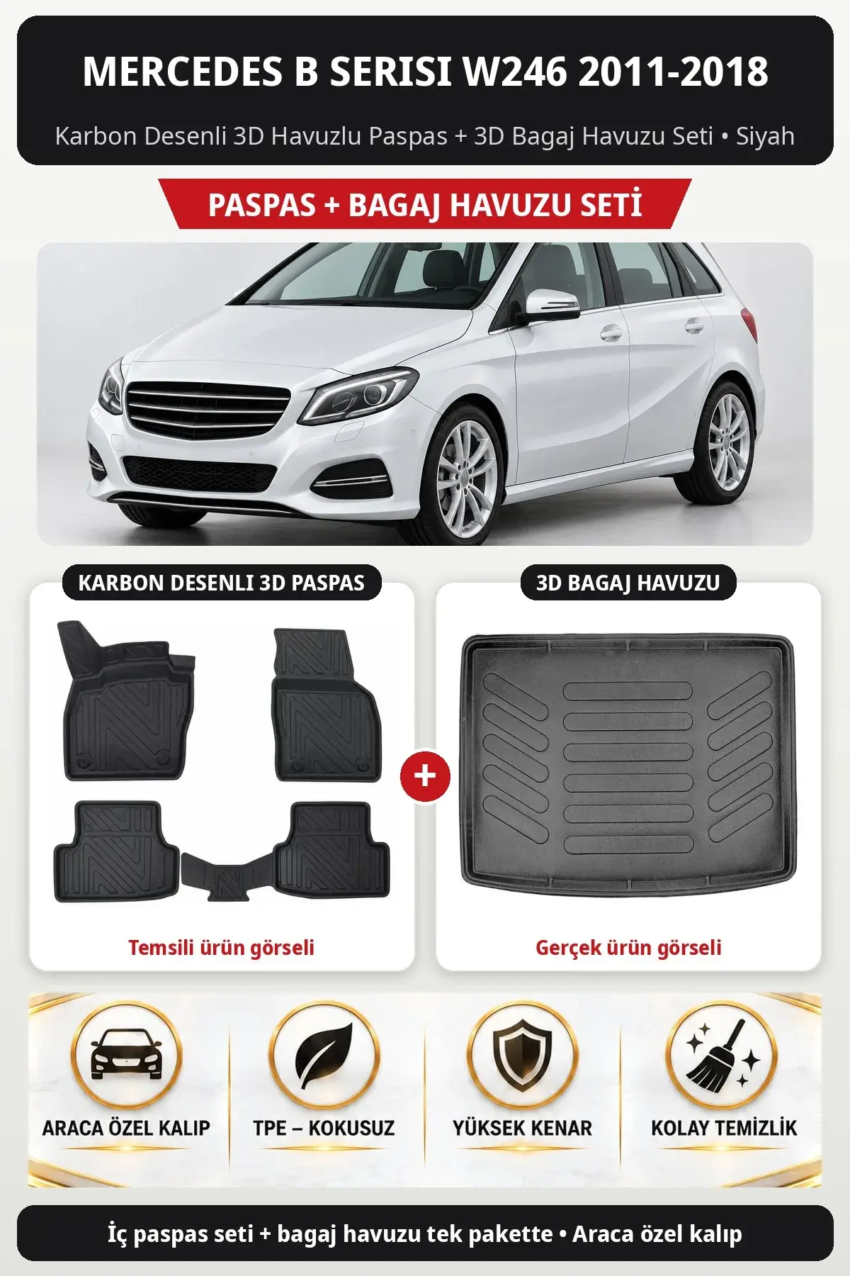 Mercedes B Serisi W246 2011-2018 Karbon Desenli 3D Havuzlu Paspas + 3D Bagaj Havuzu Seti Siyah (1)